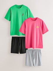 طبعة فاكهة أخضر/وردي - حزمة من 2 طقم بيجاما جيرسي بأكمام قصيرة بطبعة جرافيك - صورة 1 من 16