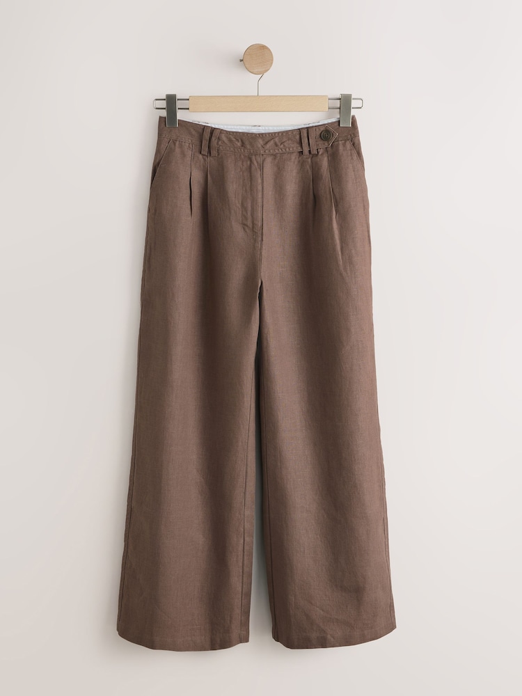 Chocolate Brown N. Premium Linen Button Front Wide Leg Trousers - Image 1 of 3