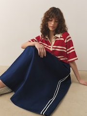 Navy Blue Cotton Poplin Side Stripe Midi Skirt - Image 1 of 7