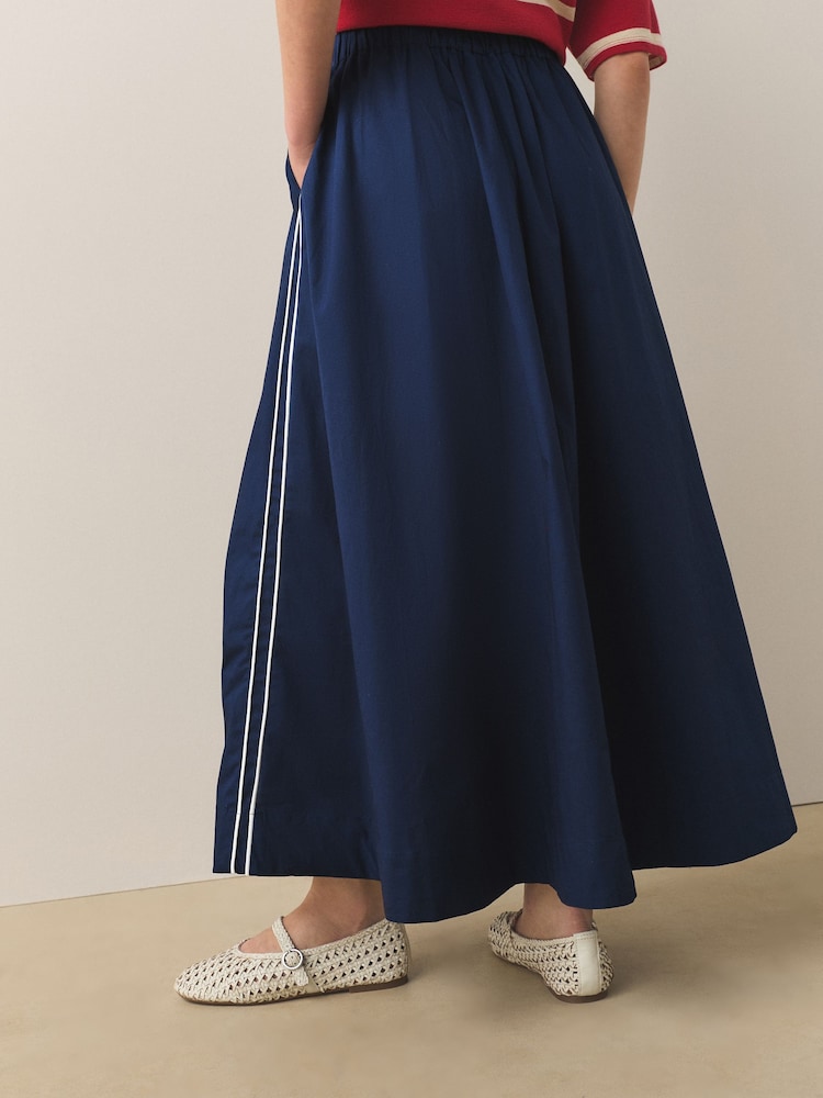 Navy Blue Cotton Poplin Side Stripe Midi Skirt - Image 2 of 7 Navy Blue Cotton Poplin Side Stripe Midi Skirt - Image 2 of 7