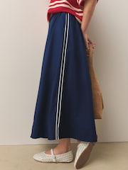 Navy Blue Cotton Poplin Side Stripe Midi Skirt - Image 3 of 7