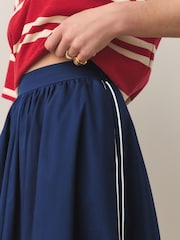 Navy Blue Cotton Poplin Side Stripe Midi Skirt - Image 4 of 7