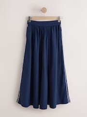 Navy Blue Cotton Poplin Side Stripe Midi Skirt - Image 5 of 7