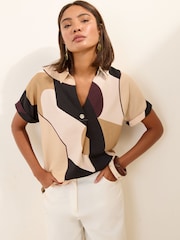 Friends Like These Beige Geo Print Short Sleeve Button Detail Blouse With Collar - Image 1 of 5