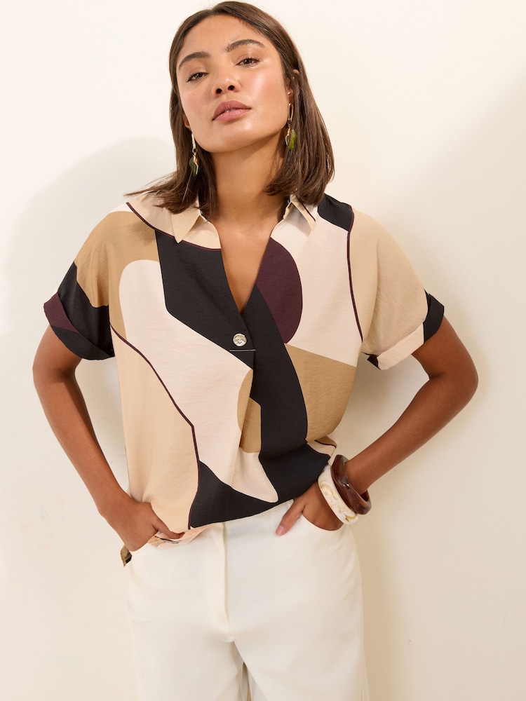 Friends Like These Beige Geo Print Short Sleeve Button Detail Blouse With Collar - Image 1 of 5