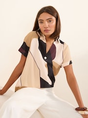 Friends Like These Beige Geo Print Short Sleeve Button Detail Blouse With Collar - Image 4 of 5