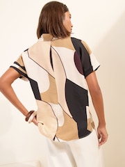 Friends Like These Beige Geo Print Short Sleeve Button Detail Blouse With Collar - Image 5 of 5