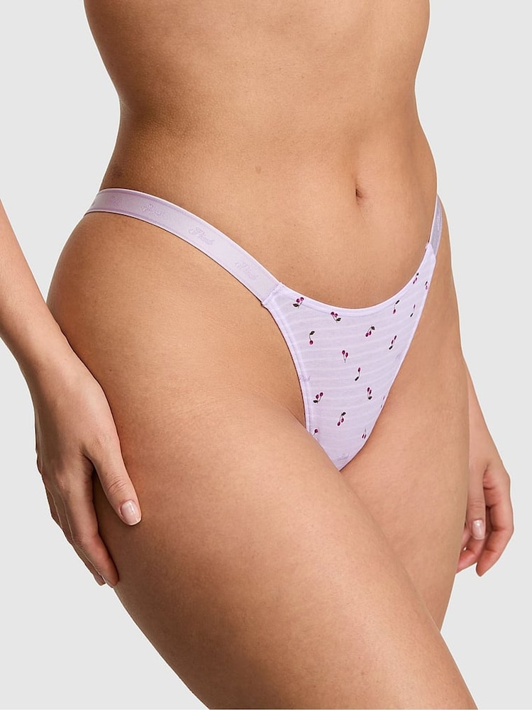 Victoria's Secret PINK Purple Whisper Cherry Print Mini Scoop Thong Cotton Logo Knickers - Image 1 of 2