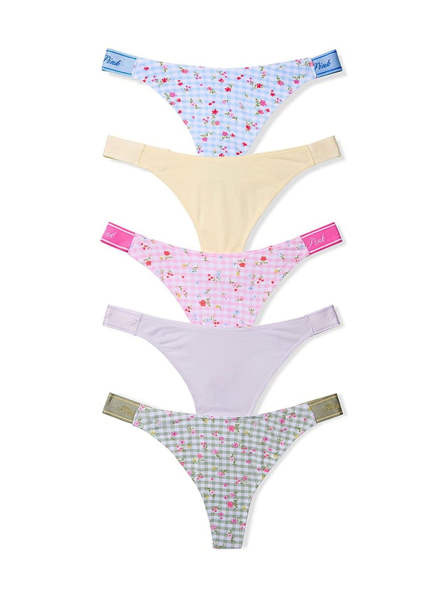 Victoria's Secret PINK Pink/Yellow/Green/Purple/Blue Floral Print Thong 5 Pack Logo Knickers