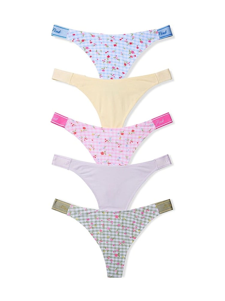 Victoria's Secret PINK Pink/Yellow/Green/Purple/Blue Floral Print Thong 5 Pack Logo Knickers - Image 1 of 1