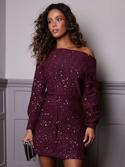 Threadbare Red Knitted Sequin Slash Neck Mini Dress - Image 1 of 5
