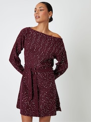 Threadbare Red Knitted Sequin Slash Neck Mini Dress - Image 2 of 5