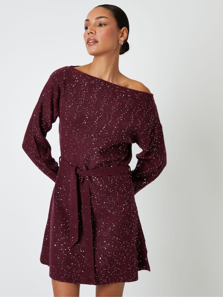 Threadbare Red Knitted Sequin Slash Neck Mini Dress - Image 2 of 5