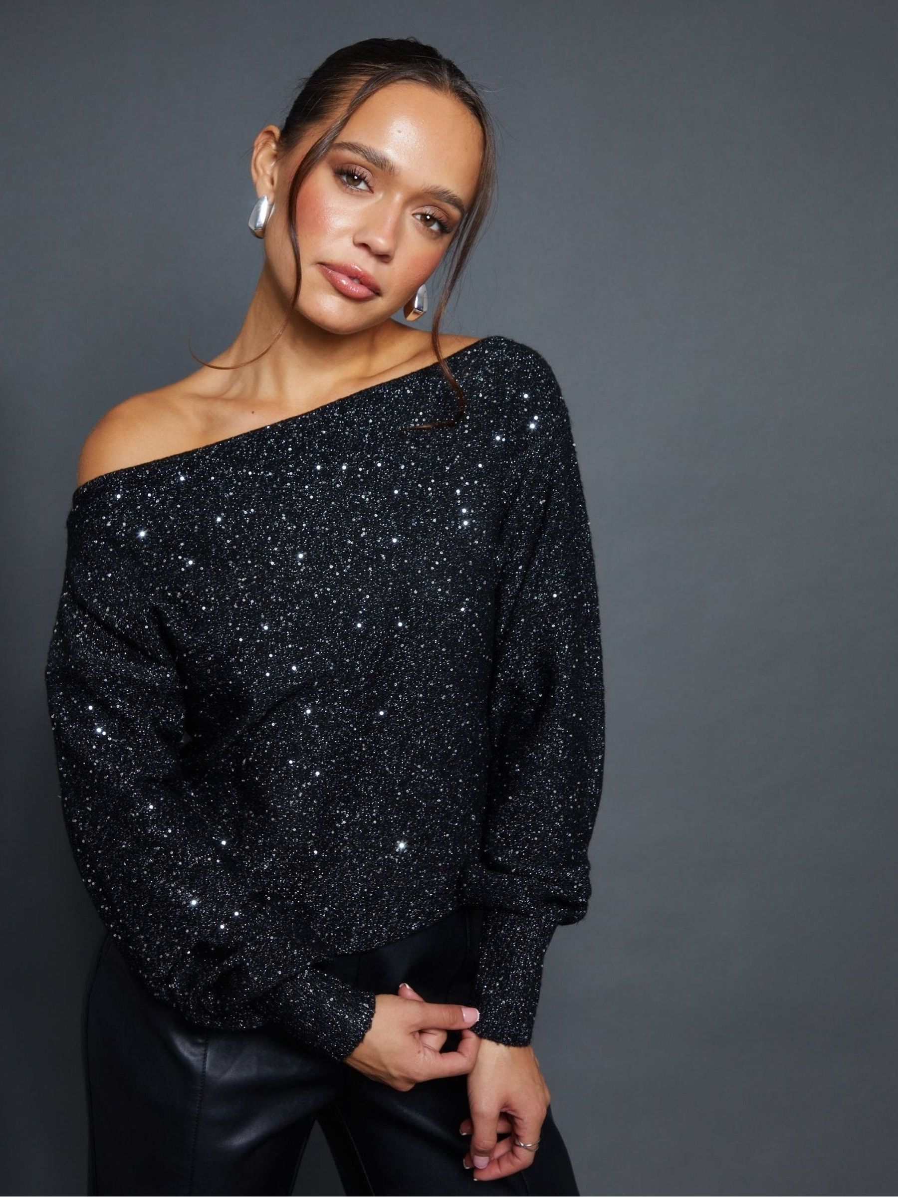 Buy Threadbare Black Knitted Sequin Slash Neck Jumper from Next USA