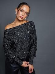 Threadbare Black Knitted Sequin Slash Neck Jumper - Image 1 of 5