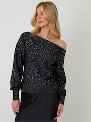 Threadbare Black Knitted Sequin Slash Neck Jumper - Image 2 of 5