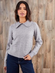 Threadbare Grey Peter Pan Collar Cable Knit Jumper - Image 1 of 4