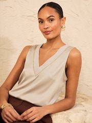Love & Roses Champagne Gold Chiffon Trim V-Neck Satin Front Vest - Image 1 of 4