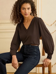 Love & Roses Chocolate Brown V-Neck Chiffon Mix Jersey Top - Image 1 of 4