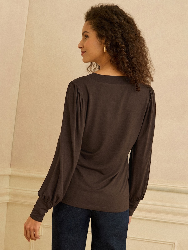 Love & Roses Chocolate Brown V-Neck Chiffon Mix Jersey Top - Image 2 of 4