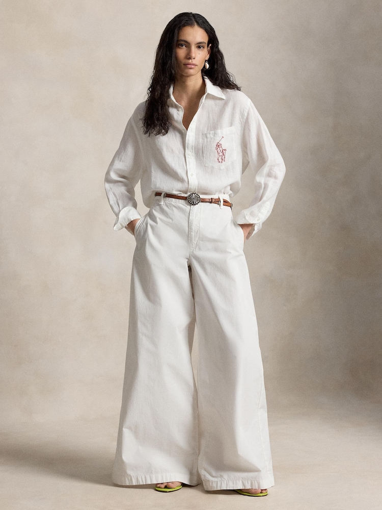 Polo Ralph Lauren White Linen Logo Oversized Embroidered Polo Shirt - Image 2 of 5