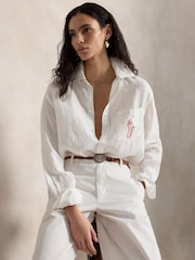 Polo Ralph Lauren White Linen Logo Oversized Embroidered Polo Shirt - Image 3 of 5