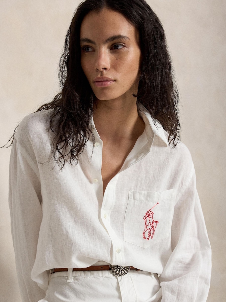 Polo Ralph Lauren White Linen Logo Oversized Embroidered Polo Shirt - Image 5 of 5