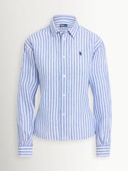 Polo Ralph Lauren Blue Linen Striped Hi Low Hem Cropped Shirt - Image 1 of 2