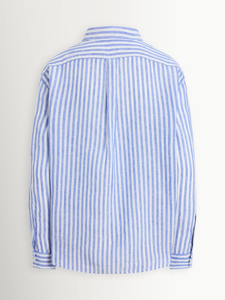 Polo Ralph Lauren Blue Linen Striped Hi Low Hem Cropped Shirt - Image 2 of 2