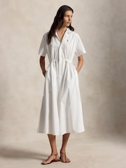 Polo Ralph Lauren White Cotton Poplin Gathered Short Sleaves Shirtdress WPP Logo Dress - Image 1 of 4