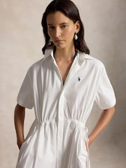 Polo Ralph Lauren White Cotton Poplin Gathered Short Sleaves Shirtdress WPP Logo Dress - Image 2 of 4