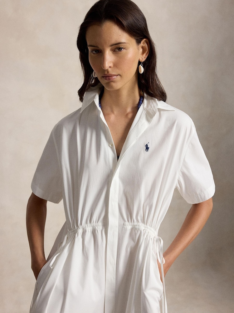 Polo Ralph Lauren White Cotton Poplin Gathered Short Sleaves Shirtdress WPP Logo Dress - Image 2 of 4