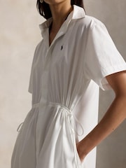 Polo Ralph Lauren White Cotton Poplin Gathered Short Sleaves Shirtdress WPP Logo Dress - Image 4 of 4