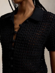 Polo Ralph Lauren Black Cotton Poplin Short Sleeve Shirtdress Crochet Top - Image 4 of 4