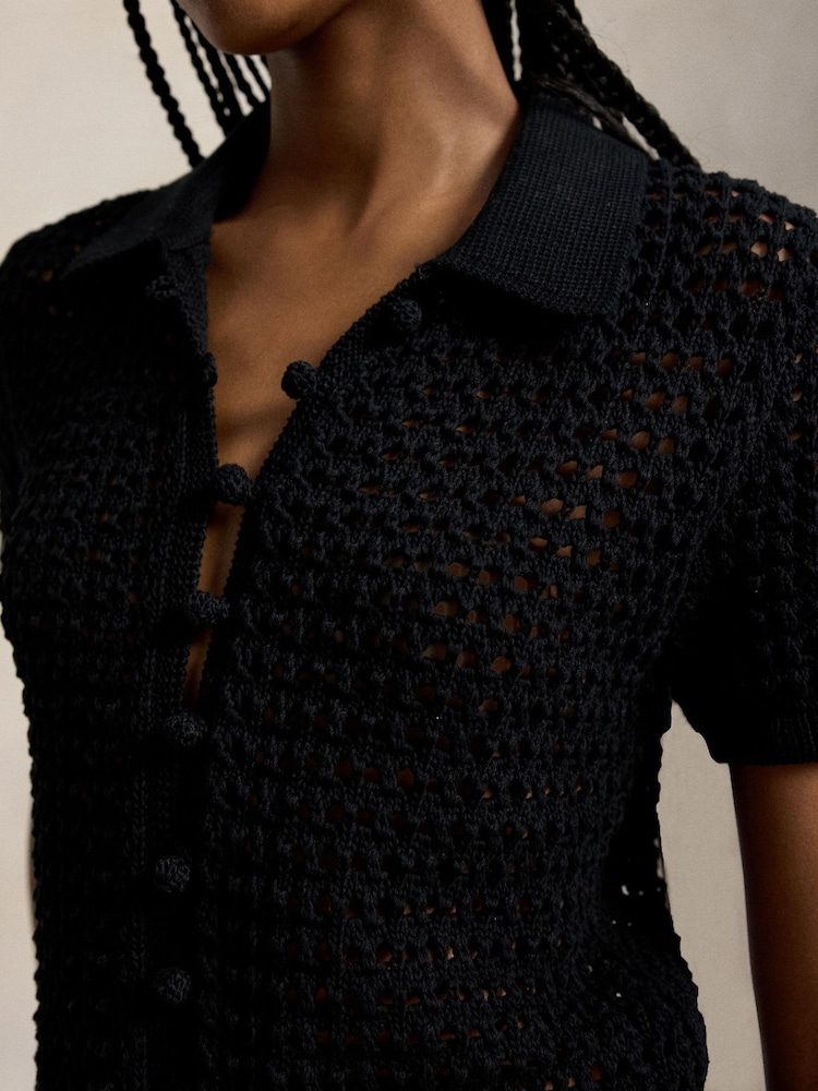 Polo Ralph Lauren Black Cotton Poplin Short Sleeve Shirtdress Crochet Top - Image 4 of 4