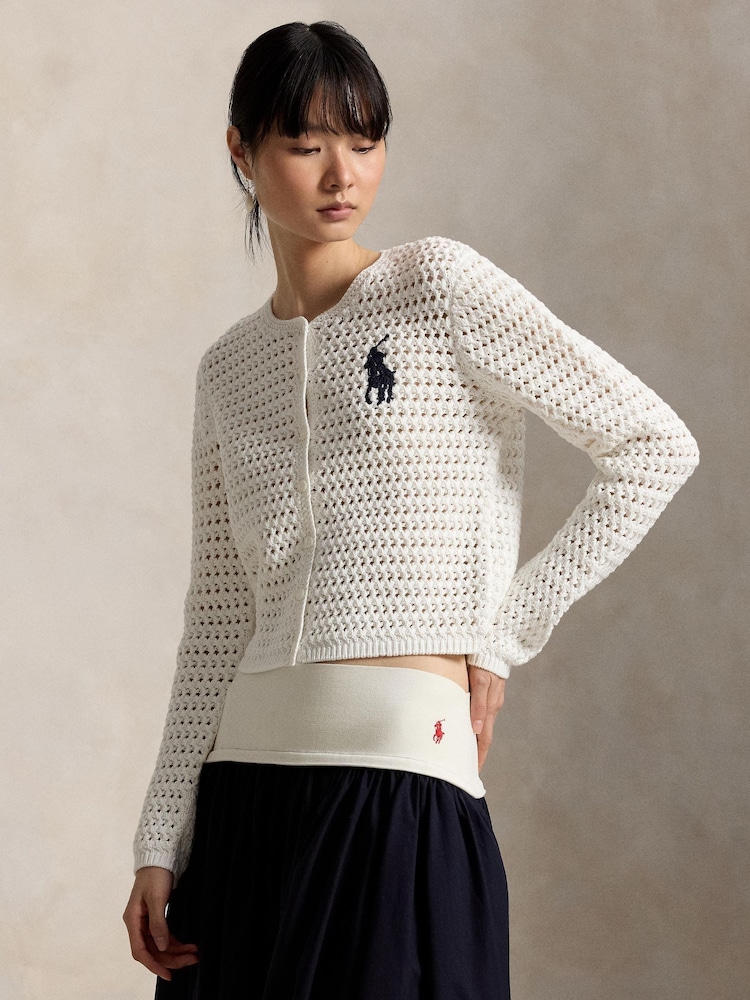 Polo Ralph Lauren White Cotton Open Mesh Knit Large Logo Cardigan - Image 2 of 4