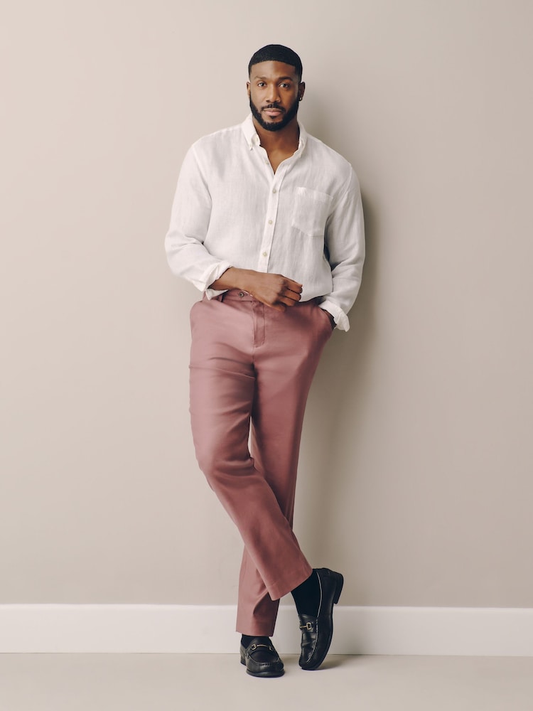 Pink Muscle Fit Motionflex Linen TENCEL™ Lyocell Blend Smart Trousers - Image 2 of 5 Pink Muscle Fit Motionflex Linen TENCEL™ Lyocell Blend Smart Trousers - Image 2 of 5