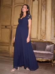 Seraphine Midnight Blue Maternity Lace Sleeve Silk Gown - Image 1 of 8