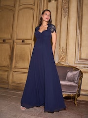 Seraphine Midnight Blue Maternity Lace Sleeve Silk Gown - Image 2 of 8