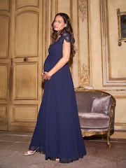Seraphine Midnight Blue Maternity Lace Sleeve Silk Gown - Image 4 of 8