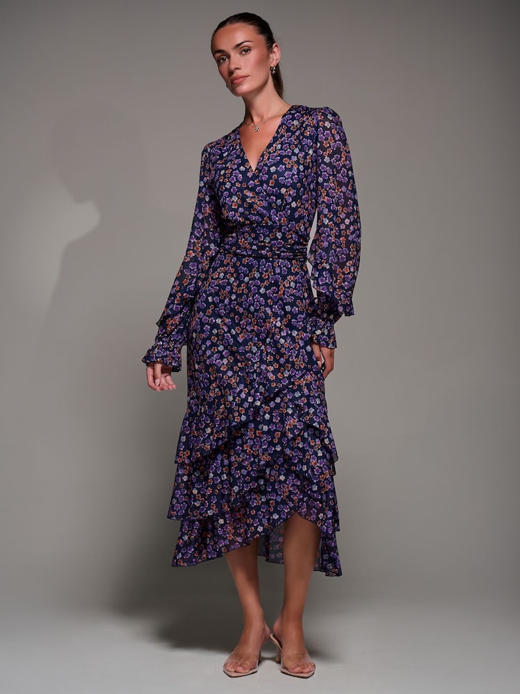 Jolie Moi Blue Long Sleeve Frill Detail Mesh Maxi Dress - Image 1 of 6