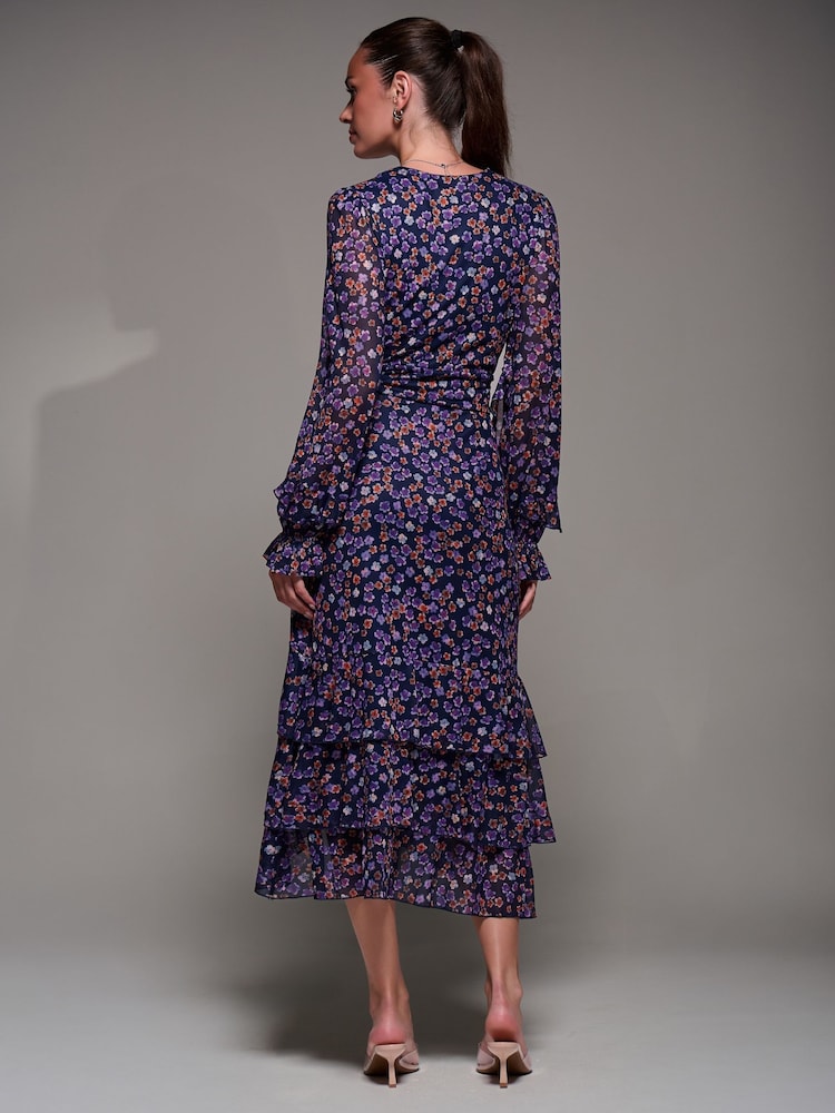 Jolie Moi Blue Long Sleeve Frill Detail Mesh Maxi Dress - Image 2 of 6