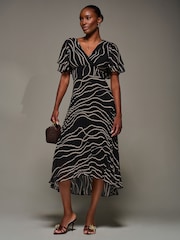 Jolie Moi Black Angel Sleeve Pleated Chiffon Midaxi Dress - Image 2 of 6