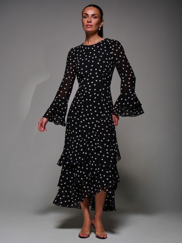 Jolie Moi Black Ruffled Long Sleeve Tiered Chiffon Midaxi Dress - Image 1 of 6 Jolie Moi Black Ruffled Long Sleeve Tiered Chiffon Midaxi Dress - Image 1 of 6
