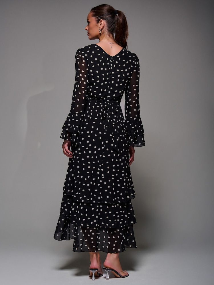 Jolie Moi Black Ruffled Long Sleeve Tiered Chiffon Midaxi Dress - Image 2 of 6