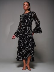 Jolie Moi Black Ruffled Long Sleeve Tiered Chiffon Midaxi Dress - Image 5 of 6