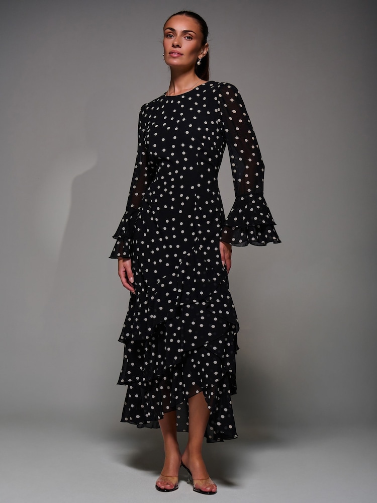 Jolie Moi Black Ruffled Long Sleeve Tiered Chiffon Midaxi Dress - Image 6 of 6