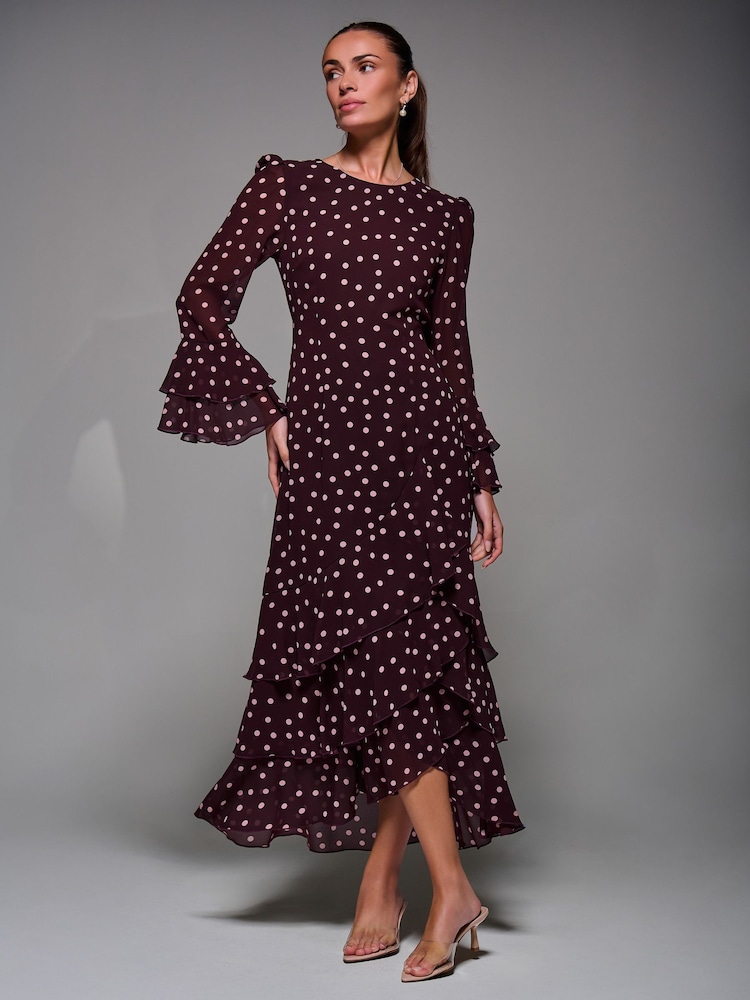 Jolie Moi Red Ruffled Long Sleeve Tiered Chiffon Midaxi Dress - Image 1 of 6