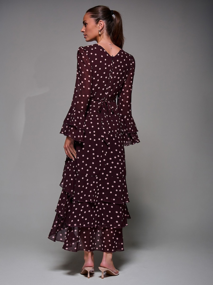 Jolie Moi Red Ruffled Long Sleeve Tiered Chiffon Midaxi Dress - Image 2 of 6