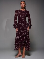 Jolie Moi Red Ruffled Long Sleeve Tiered Chiffon Midaxi Dress - Image 4 of 6
